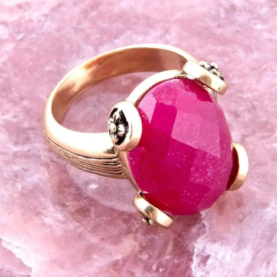Faceted Red Raspberry Quartz Golden Statement Ring - Maven Couture IncRings