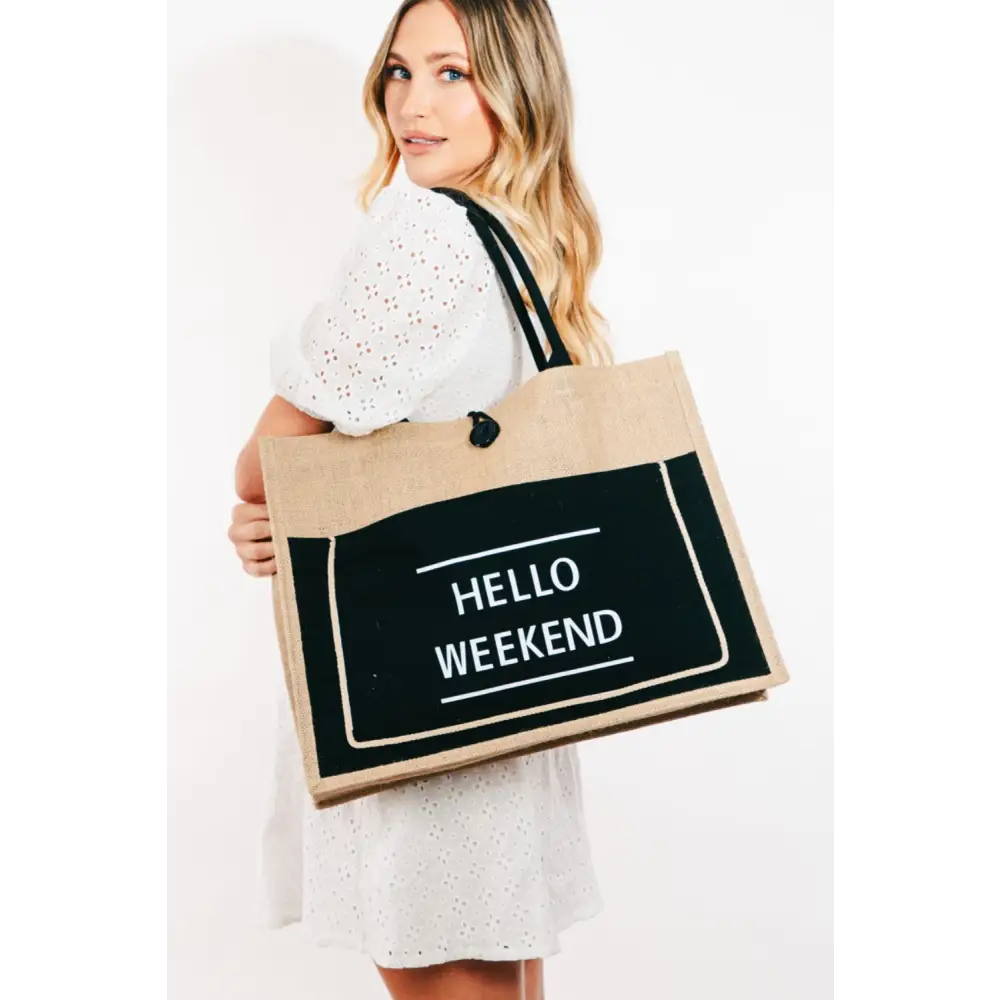 Discover the fame hello weekend burlap tote for luxury fashion for women $24.99 introducing a stunning must-have tote