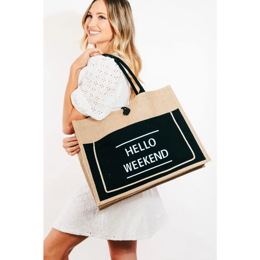 Discover the fame hello weekend burlap tote for luxury fashion for women $24.99 introducing a stunning must-have tote