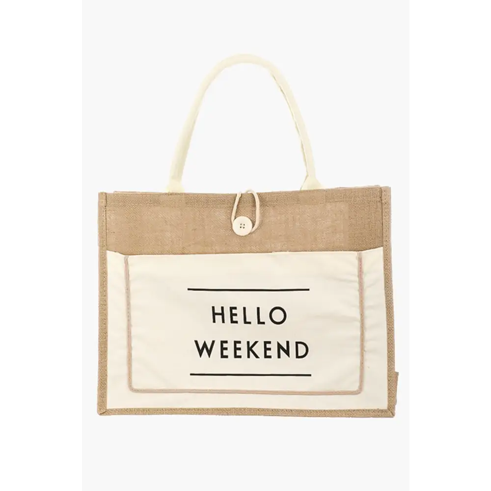 Discover the fame hello weekend burlap tote for luxury fashion for women $24.99 introducing a stunning must-have tote