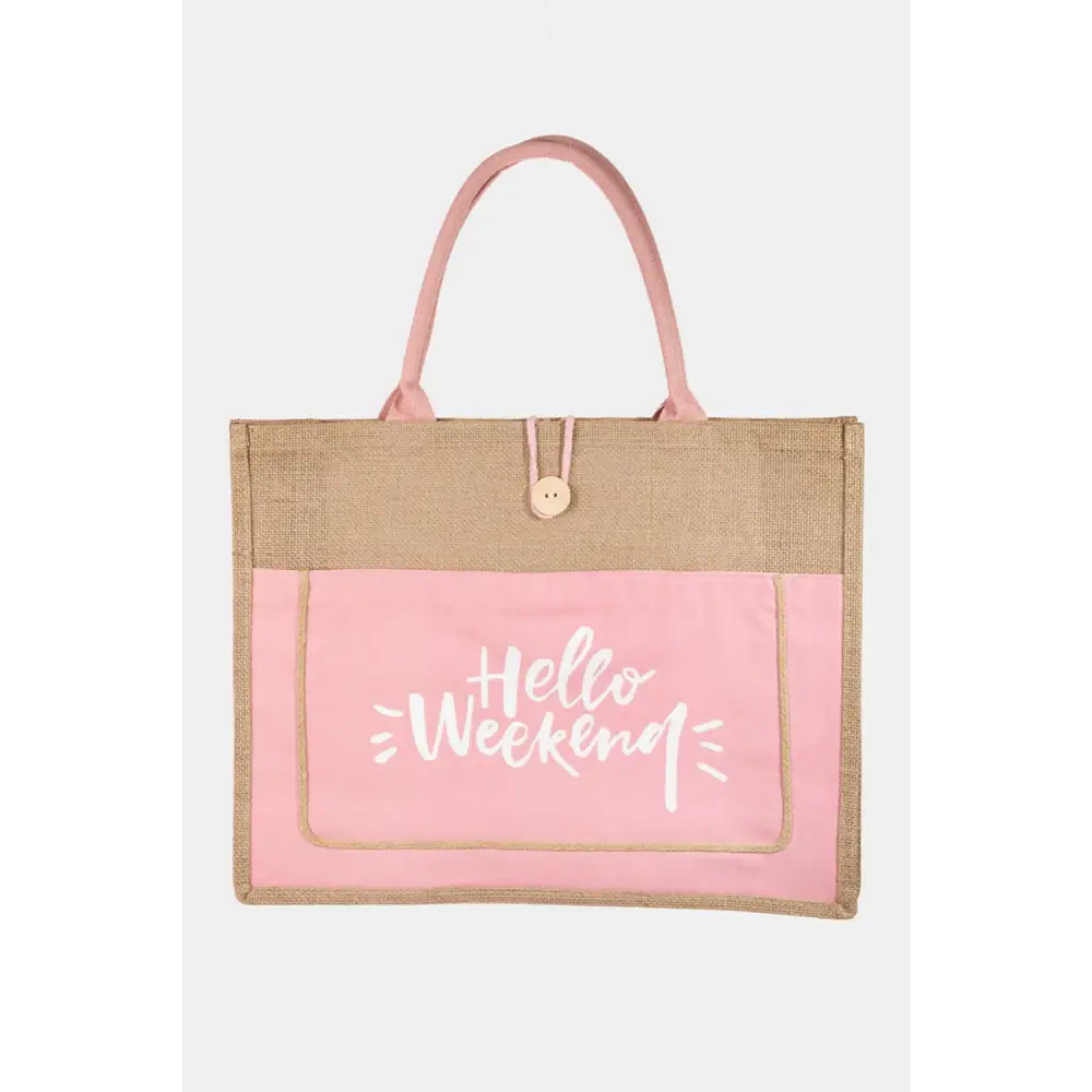 Discover the fame hello weekend burlap tote for luxury fashion for women $24.99 introducing a stunning must-have tote