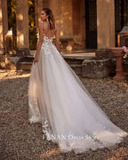 Fanan Spaghetti Straps Wedding Dress Tulle Appliques Customized Sexy Open Back Ruched Ivory Bridal Party Gown Vestidos De Novia