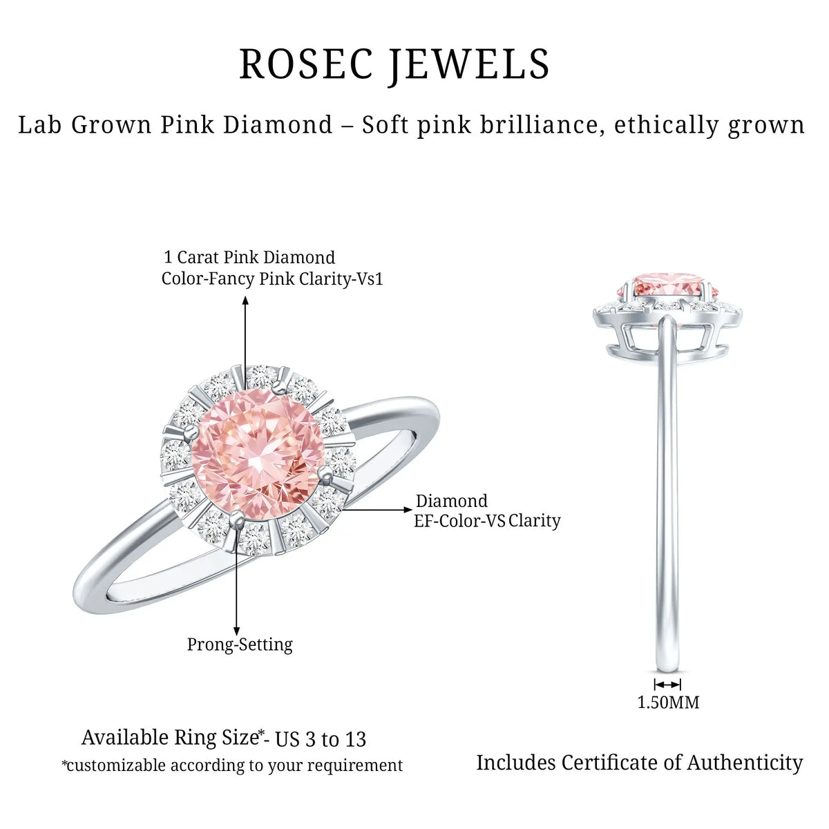 Fancy Intense Pink Lab Grown Diamond Halo Engagement Ring with IGI Certificate
