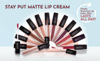 Farrah Stay Put matte lip cream collection in varying nude, pink, and red shades with sleek black caps and applicators