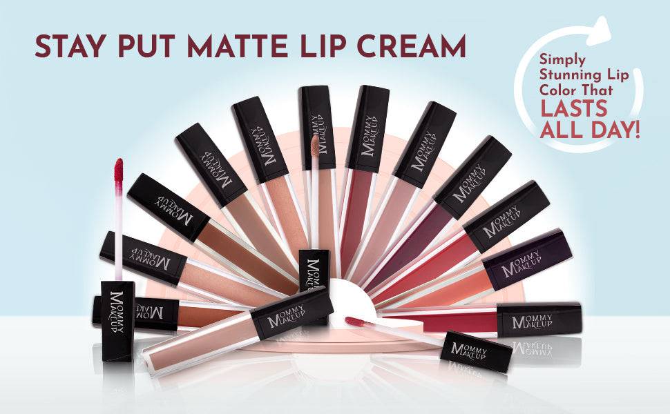 Farrah Stay Put matte lip cream collection in varying nude, pink, and red shades with sleek black caps and applicators
