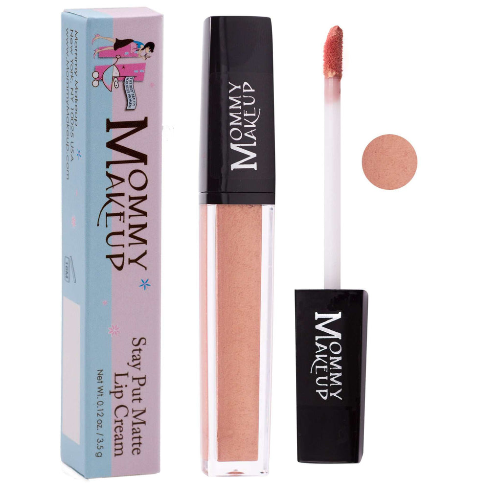 Farrah Stay Put creamy matte lip cream in nude peach shade with black cap and branded packaging