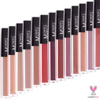 Farrah Stay Put matte lip cream collection in various nude, pink, red, and berry shades with black caps and clear tubes