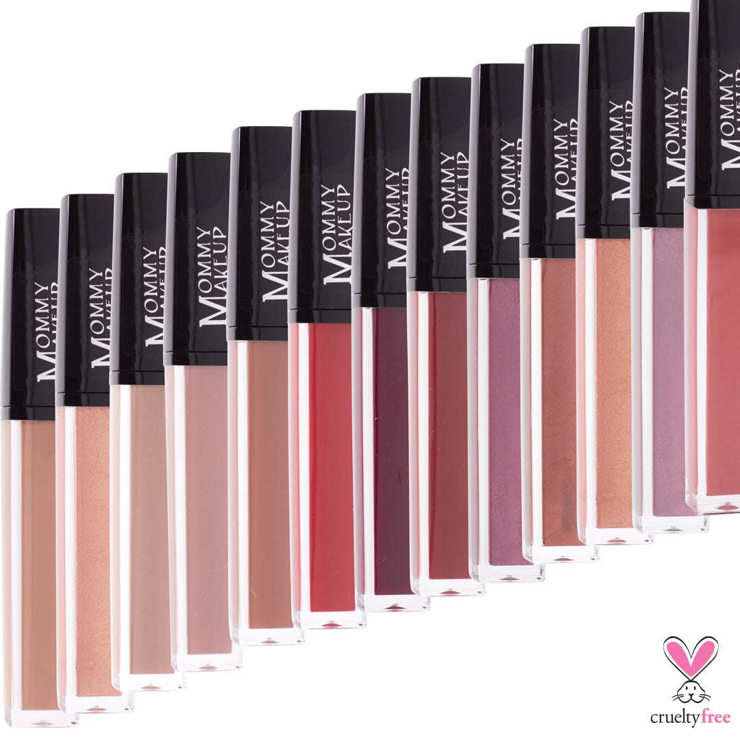 Farrah Stay Put matte lip cream collection in various nude, pink, red, and berry shades with black caps and clear tubes