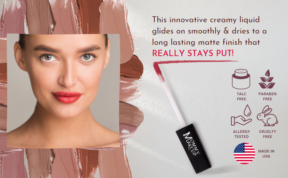 Farrah Stay Put matte lip cream in vibrant red shade with creamy texture and long-lasting finish on model's lips