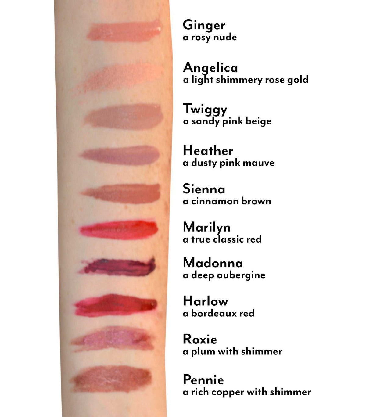 Farrah Stay Put matte lip cream swatches on arm showing ten shades including rosy nude, rose gold, dusty pink, cinnamon brown, classic red, aubergine, bordeaux red, plum with shimmer, and copper with shimmer