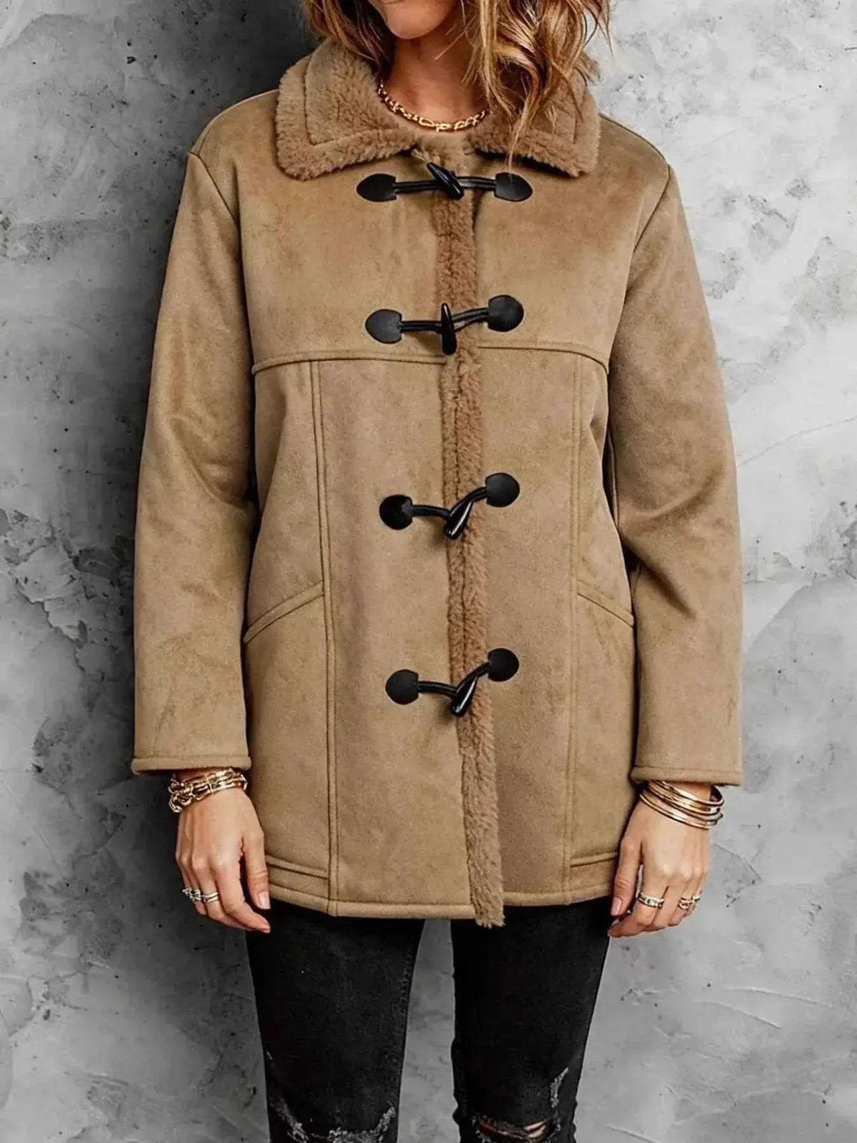 Faux Suede Sherpa Lined Toggle Coat