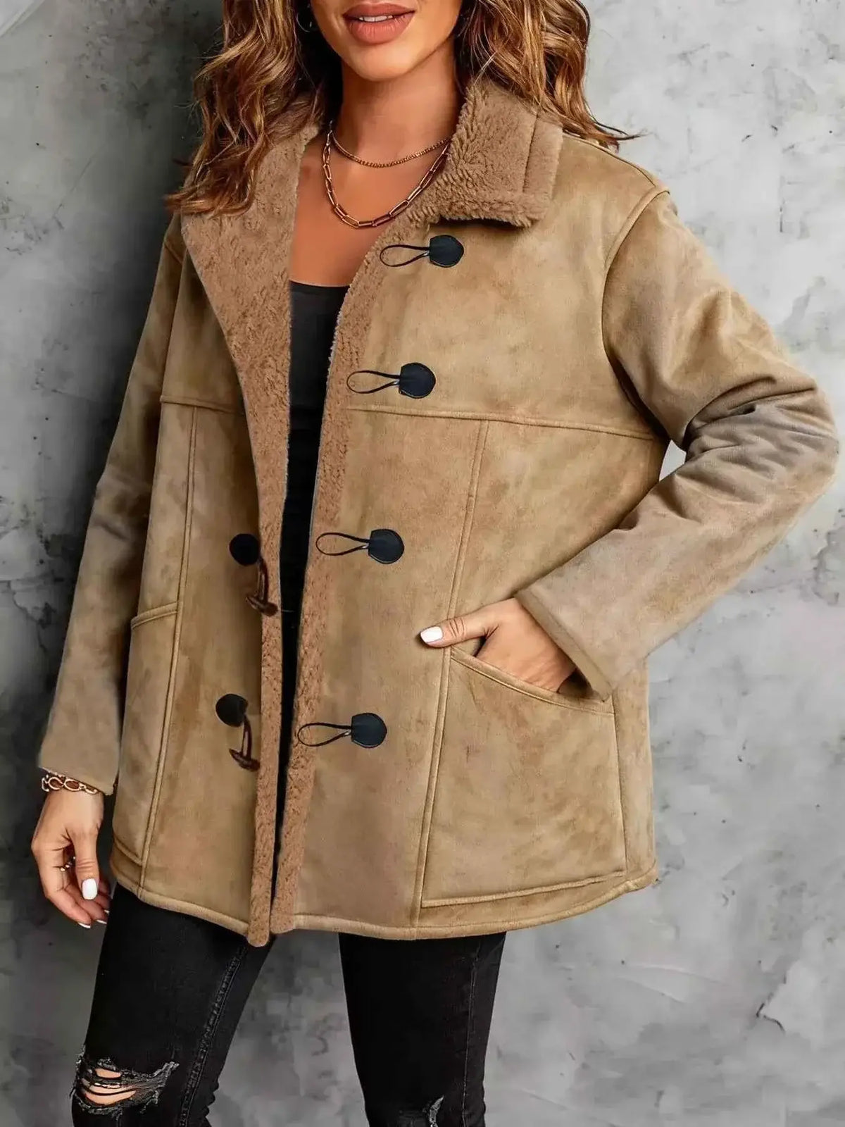 Faux Suede Sherpa Lined Toggle Coat