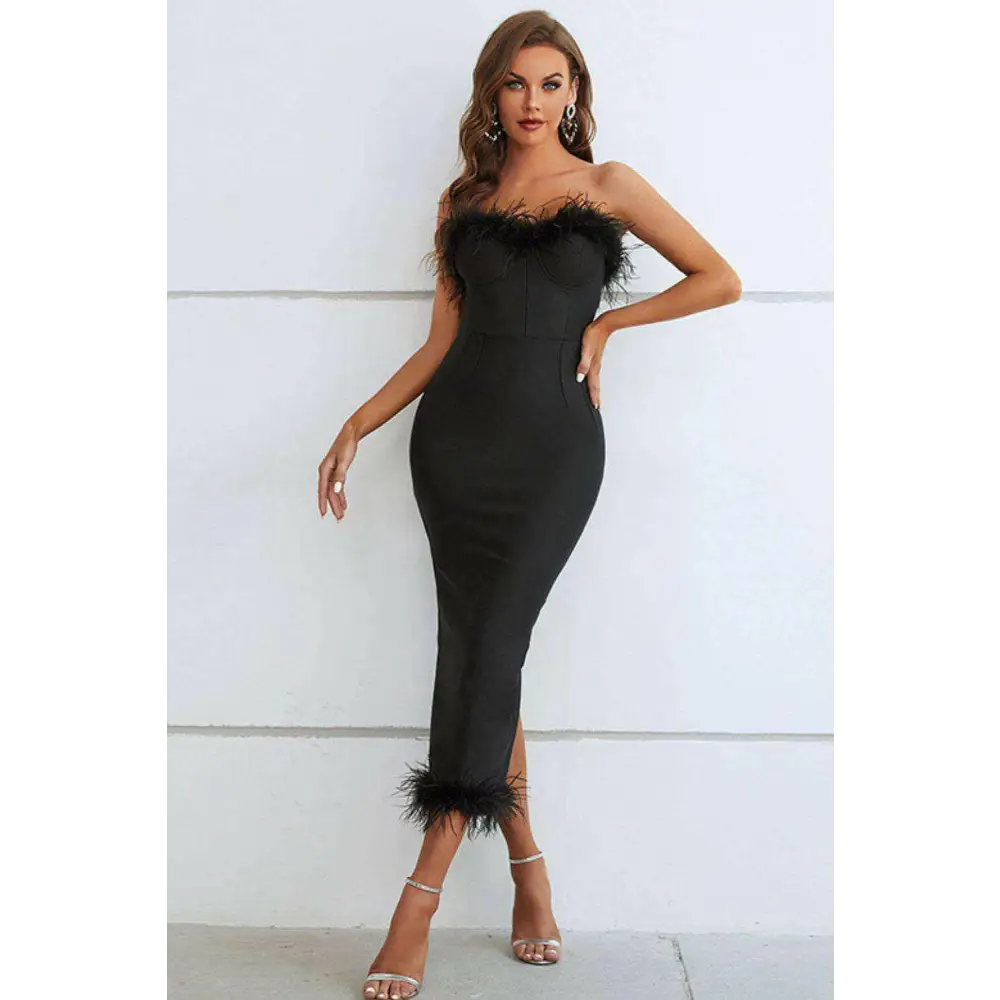 Feather trim strapless sweetheart neck dress in timeless luxury fashion $111 pattern solid classy basic style, slit