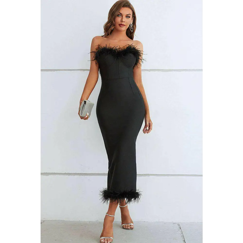 Feather trim strapless sweetheart neck dress in timeless luxury fashion $111 pattern solid classy basic style, slit