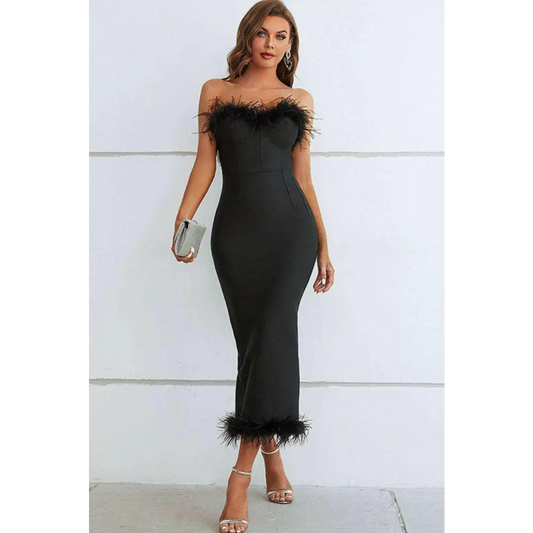 Feather trim strapless sweetheart neck dress in timeless luxury fashion $111 pattern solid classy basic style, slit