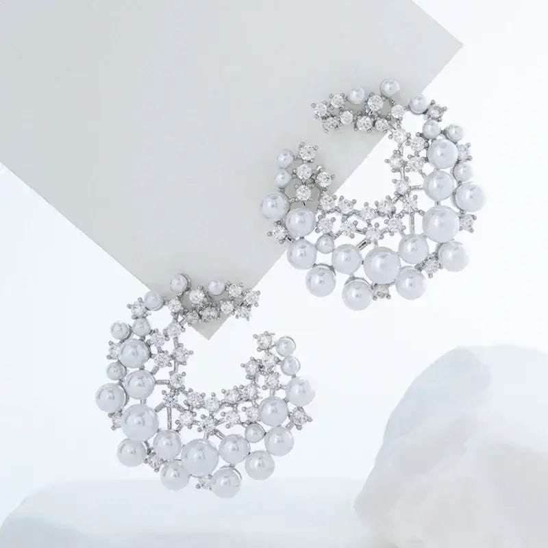 Silver Firework Stud Earrings with vintage rhinestone and double row imitation pearls in an elegant circular design