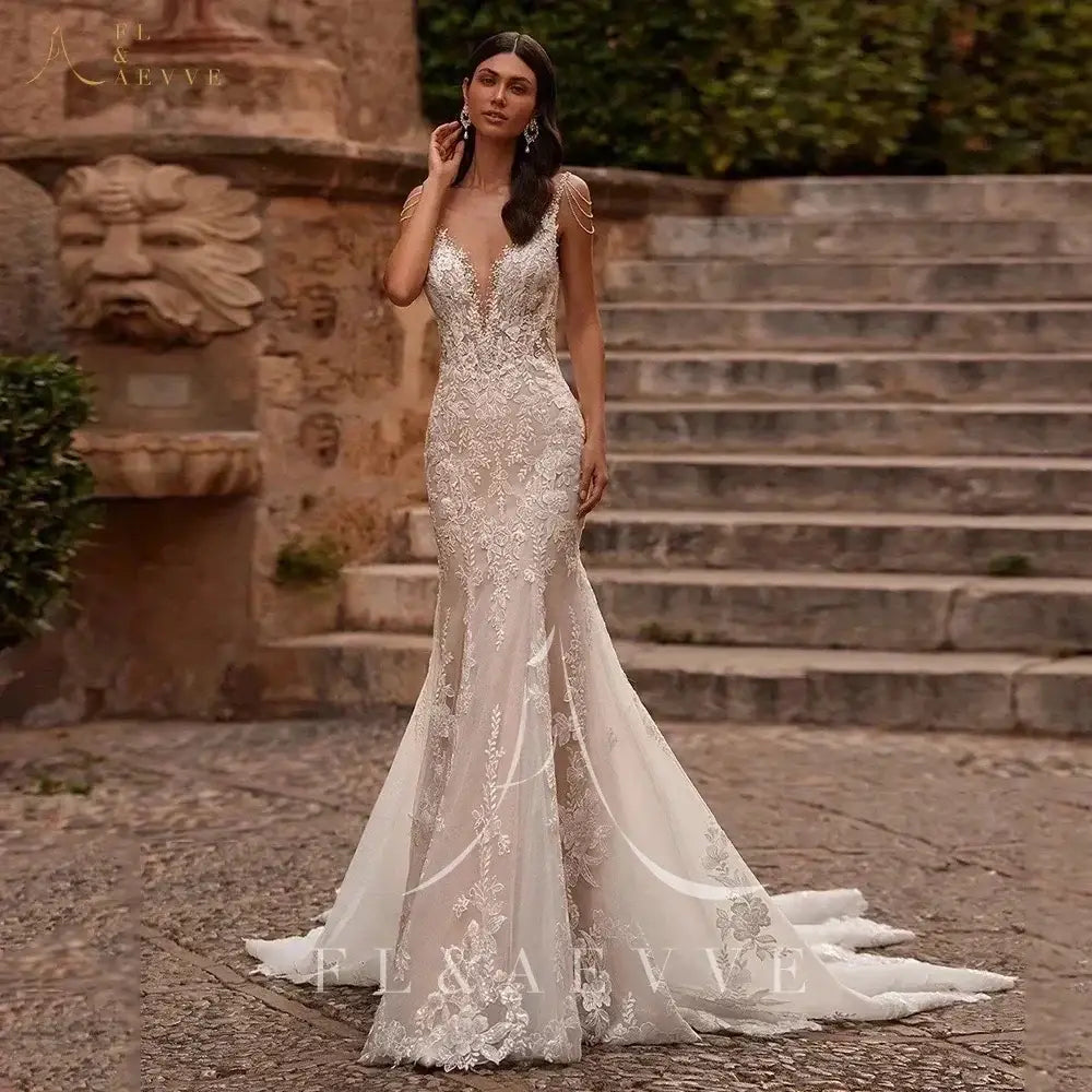FL&AEVVE Customized Luvury Lace mermaid wedding dress in white with spaghetti straps, lace detailing, and a court train