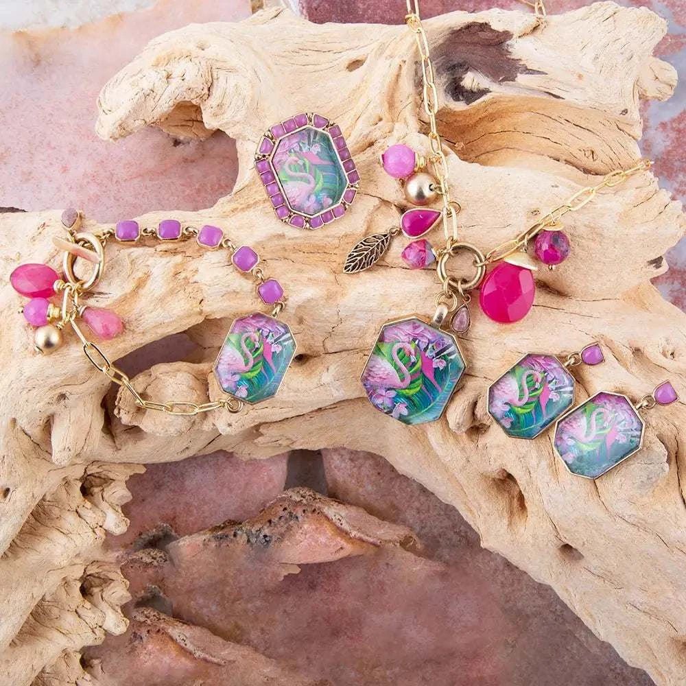 Flamingo Pink Agate Golden Post Drop Earrings - Maven Couture IncEarrings