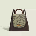 Flap Backpack Bag mini size in brown corduroy with marbled flap and distinctive beaded handle detail