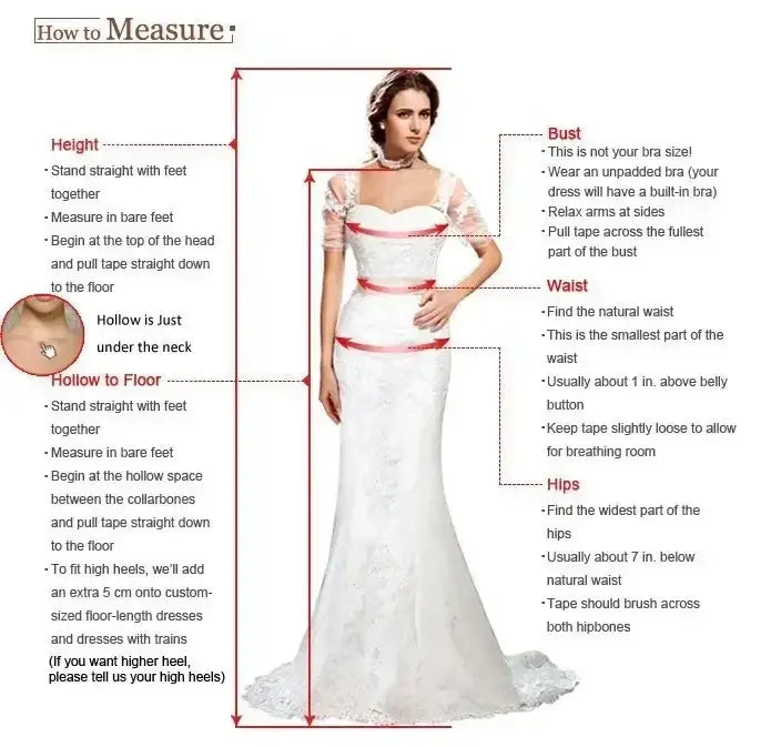 Flavinke Wedding Dresses measuring guide with a woman in a white fitted lace gown showing bust, waist, hips, height, hollow to floor measurements