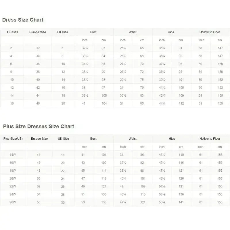 Flavinke Wedding Dresses size chart with detailed measurements for standard and plus sizes including bust, waist, hips, and hollow to floor