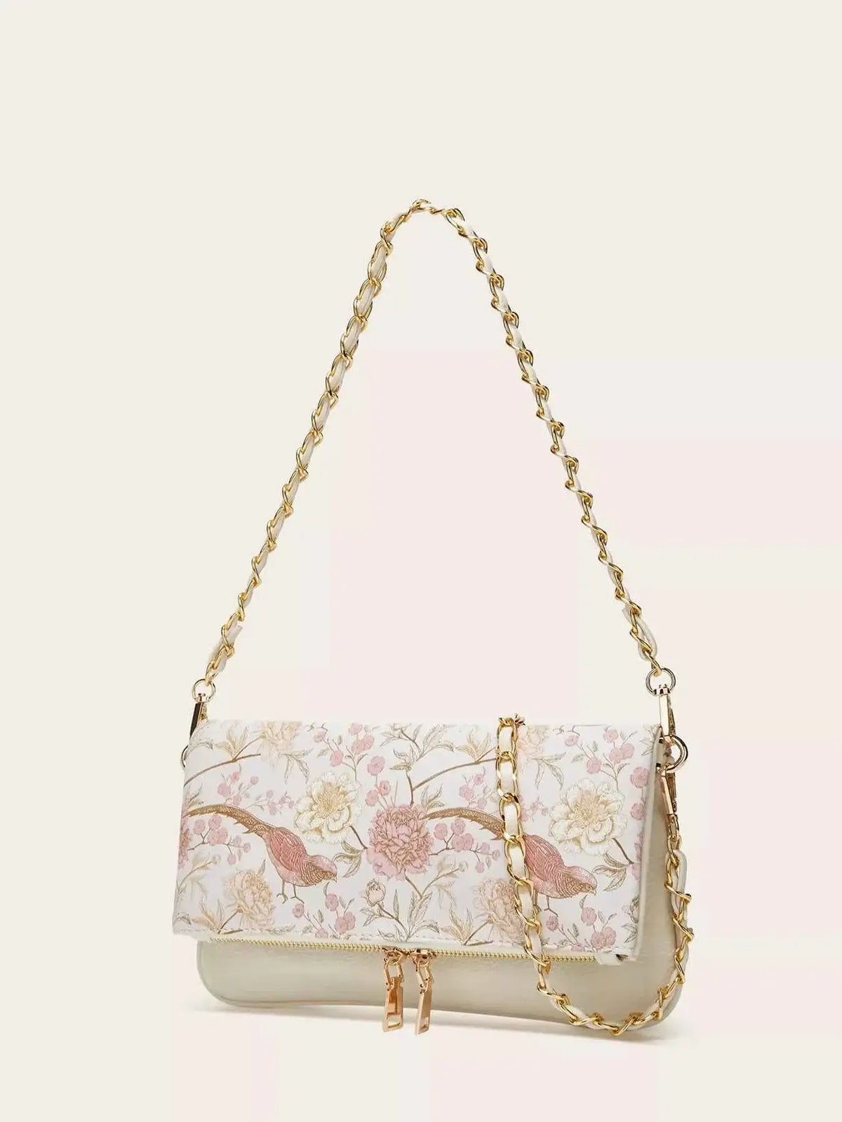 Floral Chain Shoulder Bag in cream PU leather with pink and beige floral pattern and gold chain strap