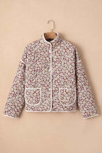 Floral Snap Down mock neck coat with white and pink daisy pattern, pocketed, quilted polyester material
