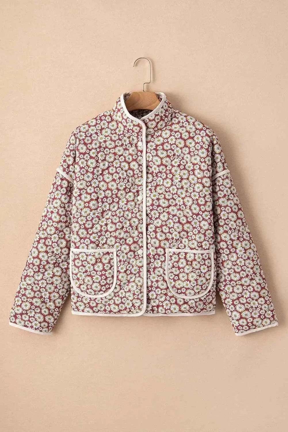 Floral Snap Down mock neck coat with white and pink daisy pattern, pocketed, quilted polyester material
