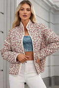 Floral Snap Down mock neck coat with red and white floral pattern on polyester fabric, pocketed and long-sleeved.