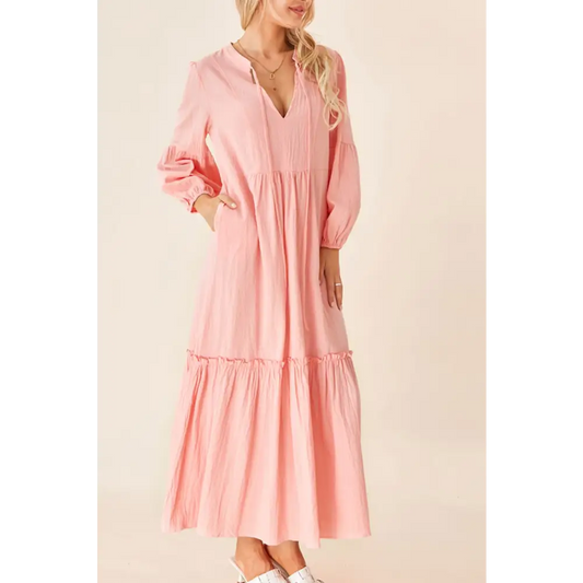 Frill tiered tie neck long sleeve dress in luxury fashion for women $34.99 experience the elegance of tiered design