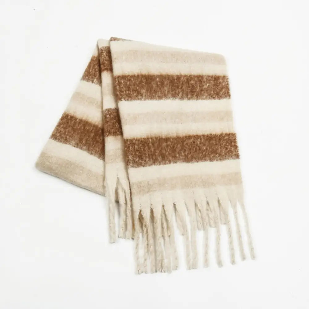 Fringe contrast striped scarf for luxury fashion and timeless elegance $20.99 1-piece 100% polyester imported product