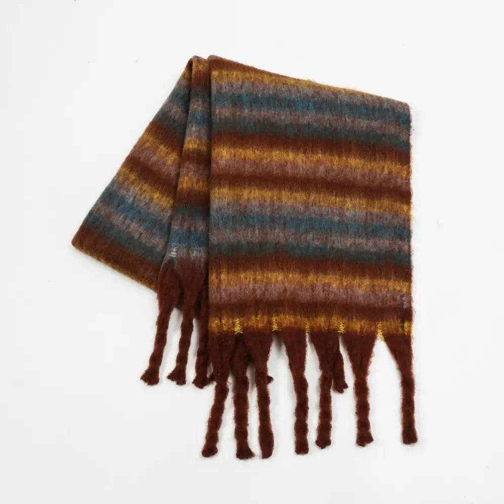 Fringe contrast striped scarf for luxury fashion and timeless elegance $20.99 1-piece 100% polyester imported product