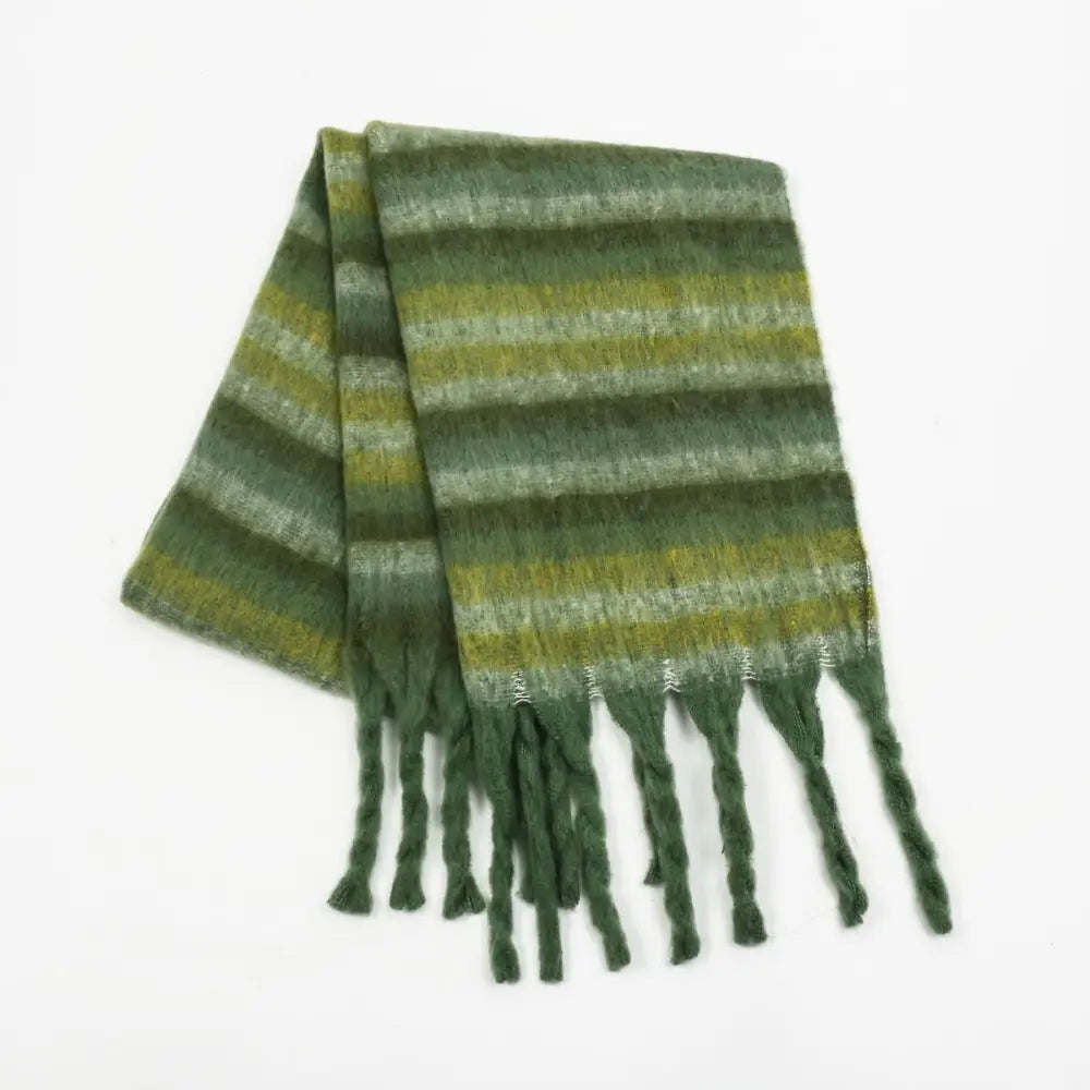 Fringe contrast striped scarf for luxury fashion and timeless elegance $20.99 1-piece 100% polyester imported product