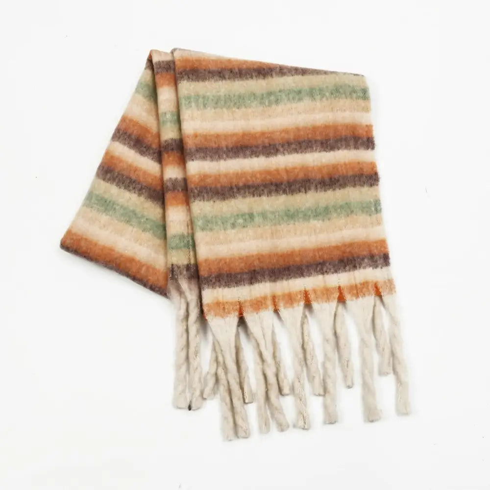 Fringe contrast striped scarf for luxury fashion and timeless elegance $20.99 1-piece 100% polyester imported product