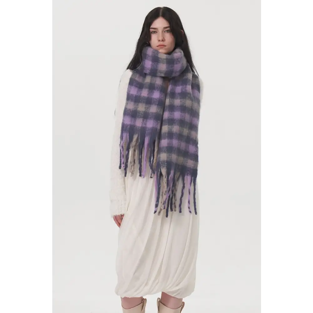 Fringe plaid polyester scarf elevates luxury fashion for women $21.99 1-piece to elevate your wardrobe luxurious