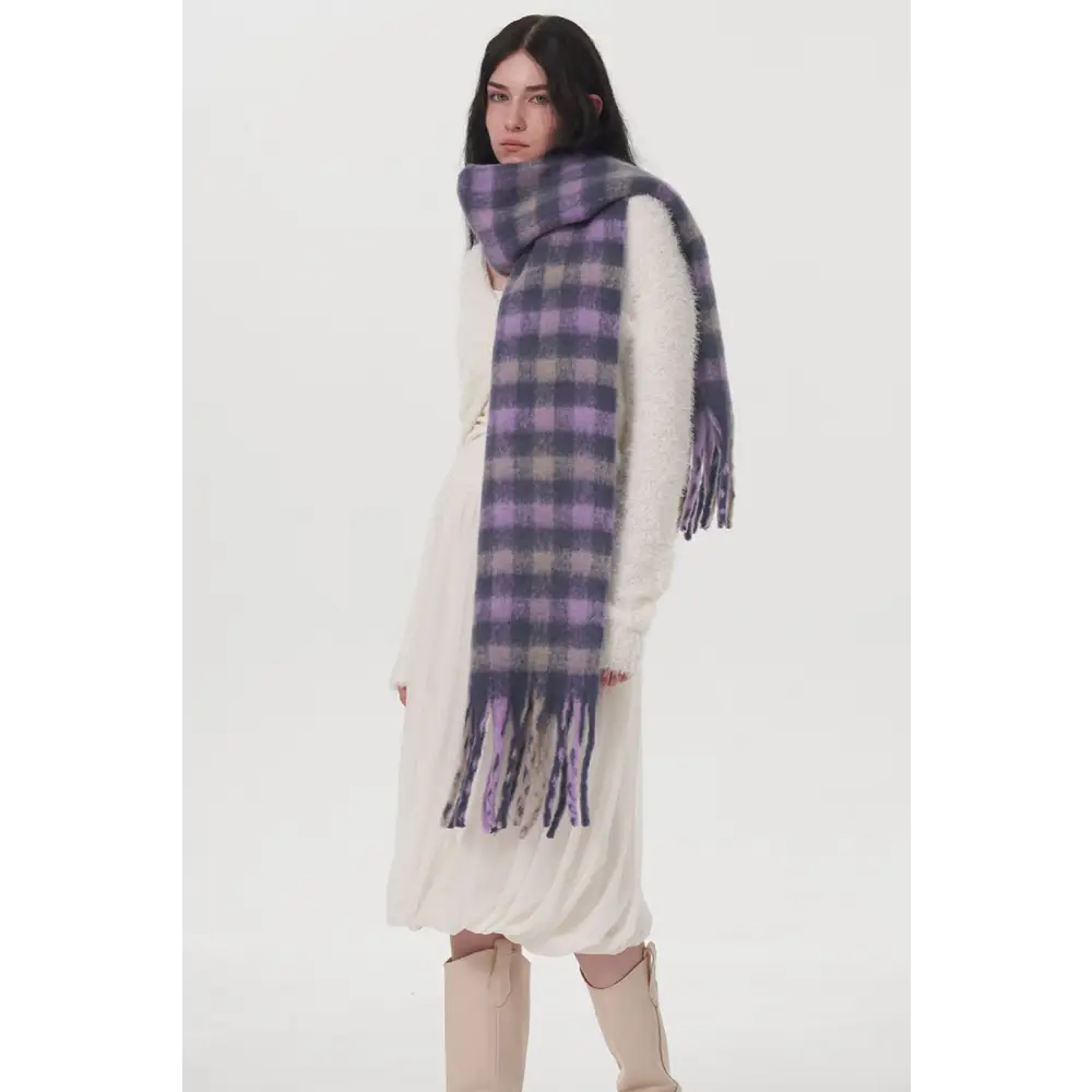 Fringe plaid polyester scarf elevates luxury fashion for women $21.99 1-piece to elevate your wardrobe luxurious