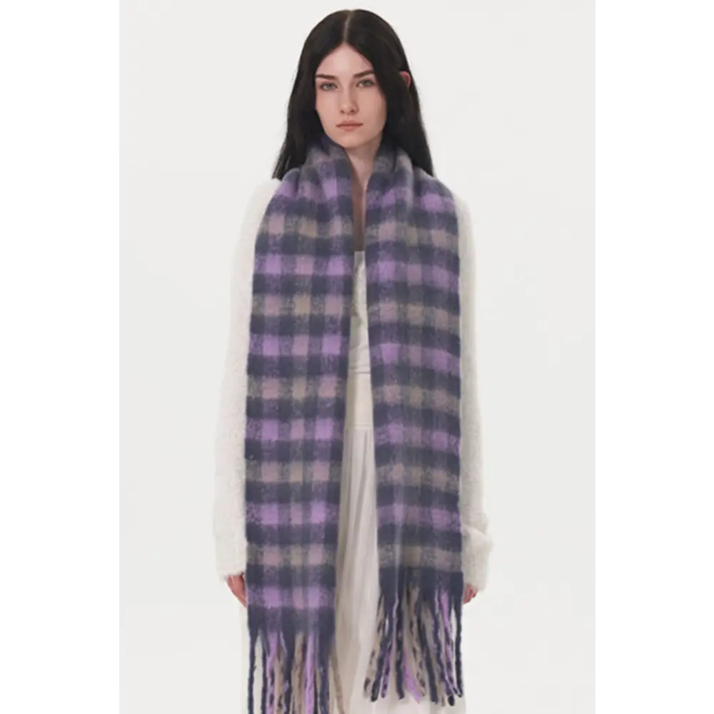 Fringe plaid polyester scarf elevates luxury fashion for women $21.99 1-piece to elevate your wardrobe luxurious