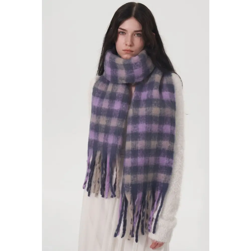 Fringe plaid polyester scarf elevates luxury fashion for women $21.99 1-piece to elevate your wardrobe luxurious