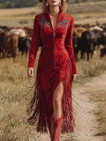 Fringe Zip-Front Midi Dress in deep red with long sleeves, a zip-front closure, embroidered chest detail, and cascading fringe along the skirt and sleeves.