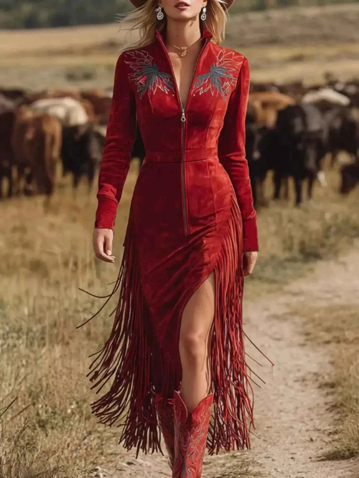 Fringe Zip-Front Midi Dress in deep red with long sleeves, a zip-front closure, embroidered chest detail, and cascading fringe along the skirt and sleeves.