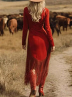 Fringe Zip-Front Midi Dress in deep red with long sleeves, fitted silhouette, and dramatic fringe hemline for movement