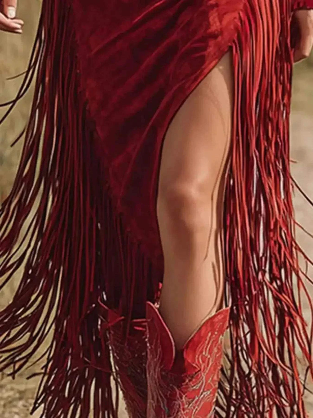 Fringe Zip-Front Midi Dress in deep red polyester with cascading fringe and a thigh-high slit, paired with red embroidered boots.