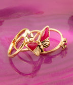 Pink Fuchsia Agate Golden Butterflies Triple Ring Set - Maven Couture IncRings