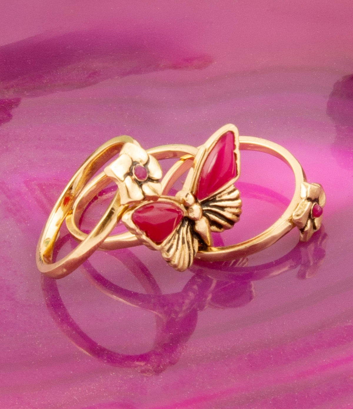 Pink Fuchsia Agate Golden Butterflies Triple Ring Set - Maven Couture IncRings