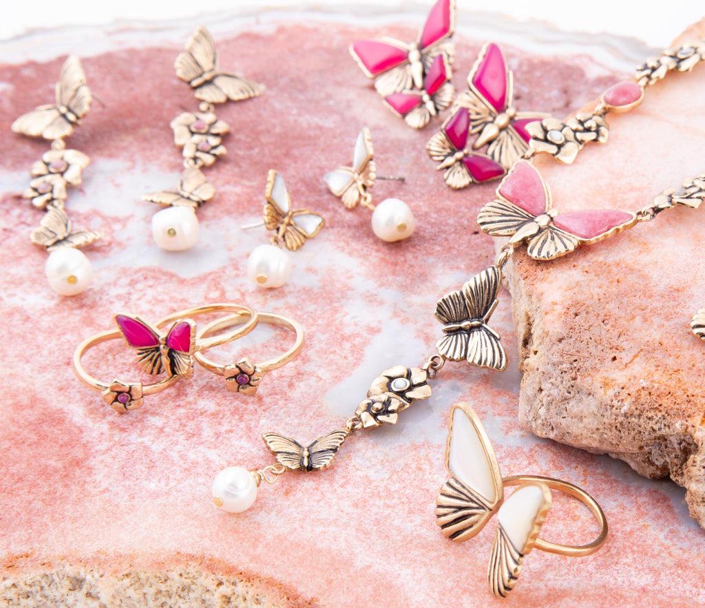 Pink Fuchsia Agate Golden Butterflies Triple Ring Set - Maven Couture IncRings