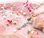 Pink Fuchsia Agate Golden Butterflies Triple Ring Set - Maven Couture IncRings
