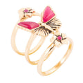 Pink Fuchsia Agate Golden Butterflies Triple Ring Set - Maven Couture IncRings