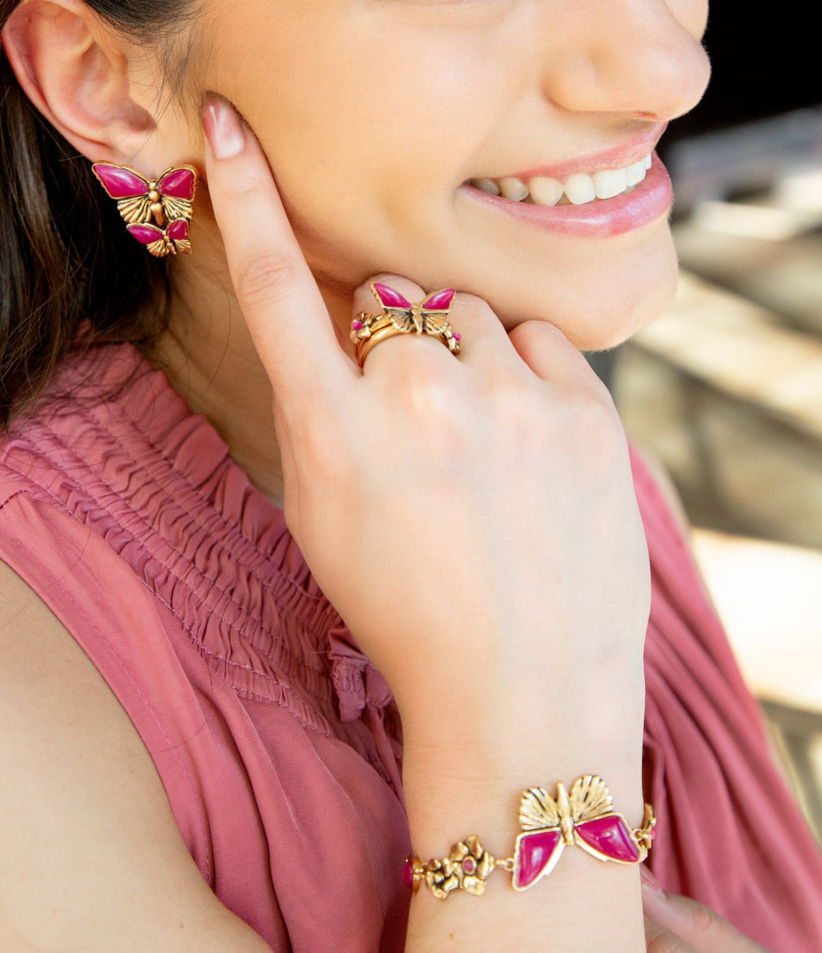 Pink Fuchsia Agate Golden Butterflies Triple Ring Set - Maven Couture IncRings