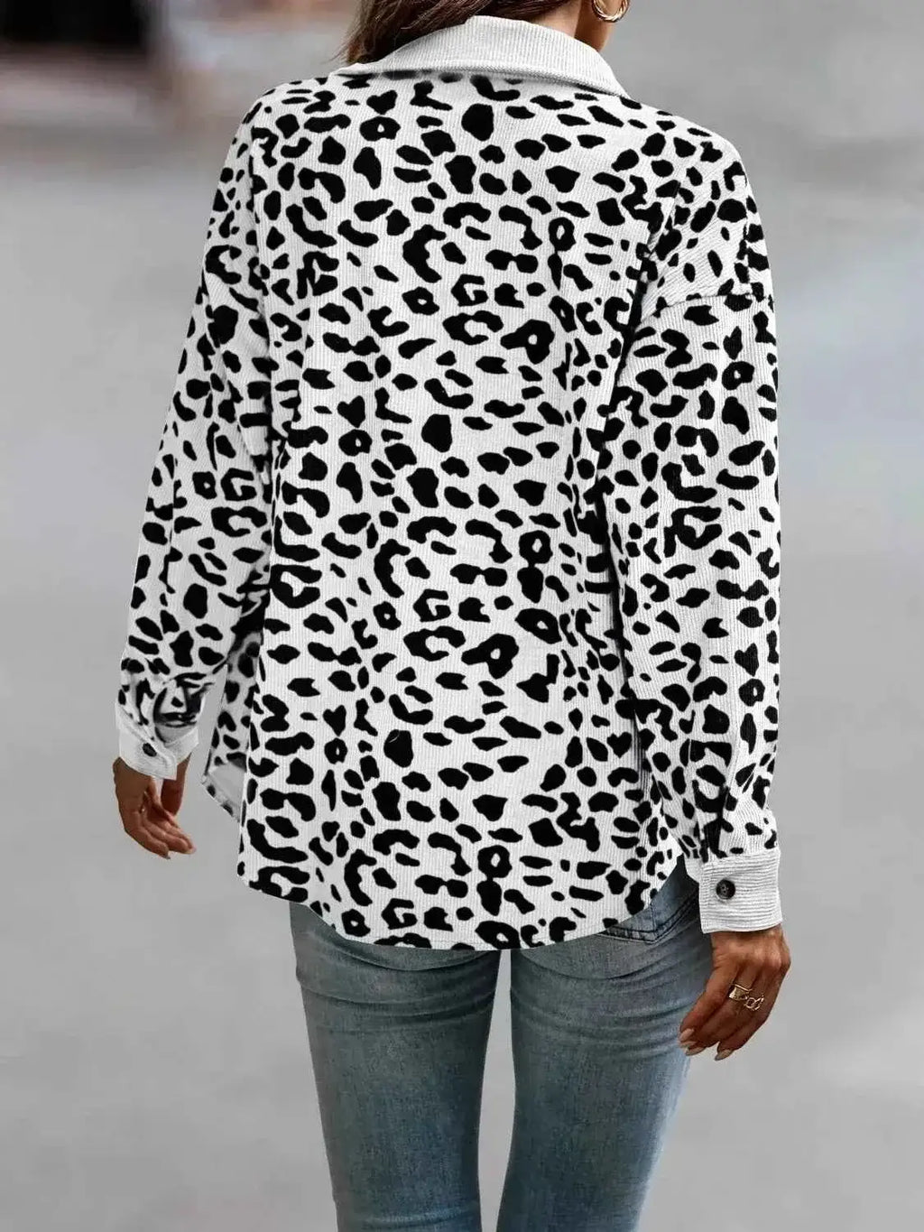 Full Size Leopard Print button-down jacket in black and white polyester with a classic collar and long sleeves