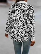 Full Size Leopard Print button-down jacket in black and white polyester with a classic collar and long sleeves